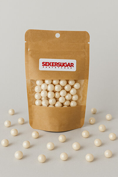 ŞEKER & SUGAR Pasta Süsleme Şekeri Boncuk Şeker 8mm Metalik İnci Beyazı 40 gr.