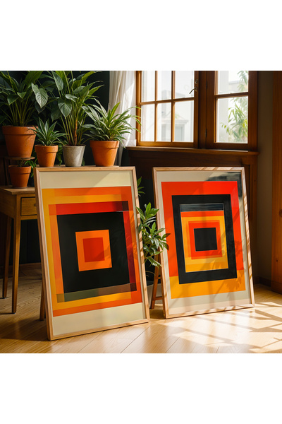 HİGUERA Geometric Red Abstract Dual Natural Lemn Pictură de perete înrămate