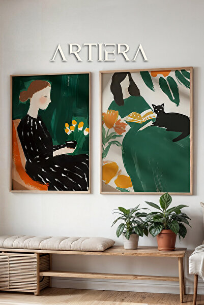 HİGUERA Γυναικεία ελαιογραφία με γάτα και λουλούδια Feel Διπλό ξύλινο πλαίσιο...