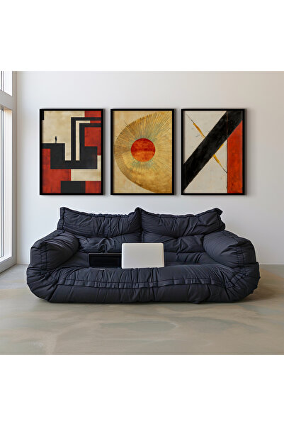 HİGUERA Γεωμετρικό Κόκκινο Αφηρημένο Τριπλό Φυσικό Ξύλινο Πλαίσιο Τοίχου