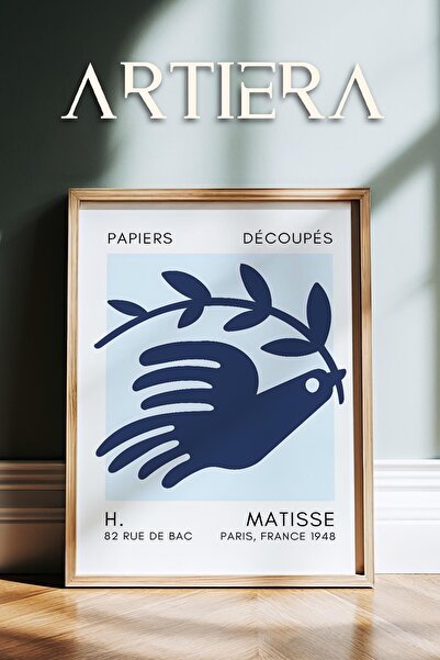 HİGUERA Σειρά Matisse Paper Cuttings Μπλε αφηρημένος περιστέρι με ξύλινο πλαί...