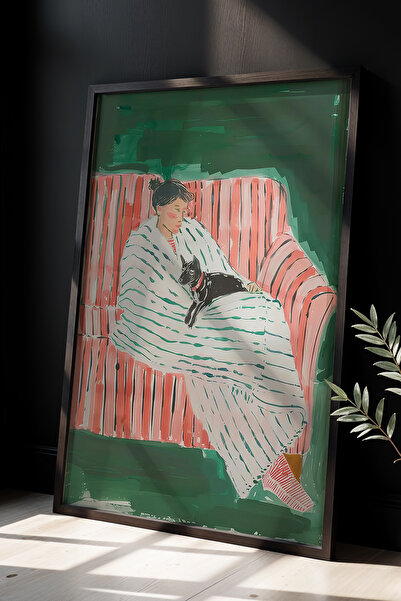 HİGUERA Home Comfort Γυναικεία και γάτα με θέμα το φυσικό ξύλινο πλαίσιο τοίχου