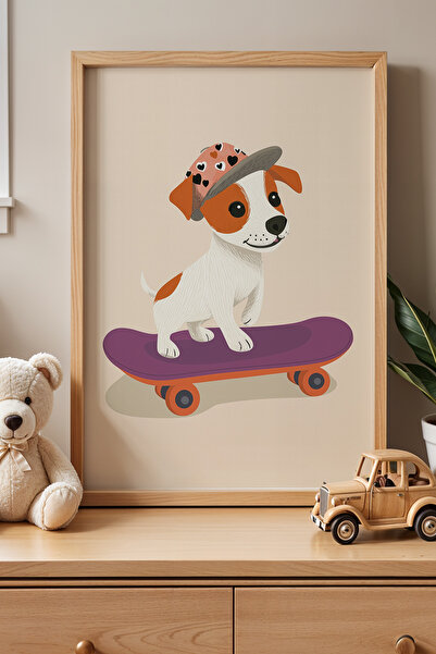 HİGUERA Πίνακας τοίχου με ξύλινο σκελετό Skateboarder Fino Dog για παιδιά και...