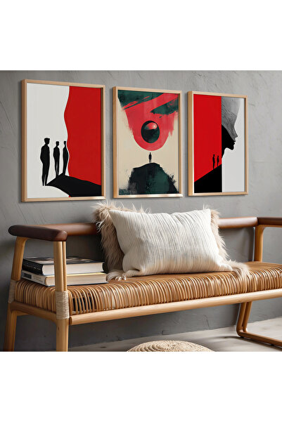 HİGUERA Αφηρημένο σχέδιο Κόκκινο αφηρημένο τριπλό φυσικό ξύλινο πλαίσιο ζωγρα...