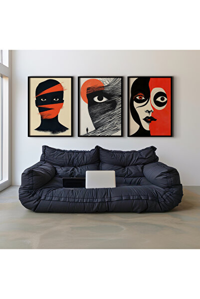 HİGUERA Γυναικείο πορτρέτο αφηρημένο σχέδιο Κόκκινο αφηρημένο τριπλό σετ ζωγρ...