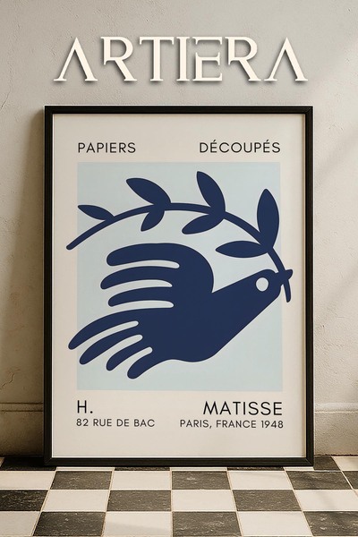HİGUERA Σειρά Matisse Paper Cuttings Μπλε αφηρημένος περιστέρι με ξύλινο πλαί...