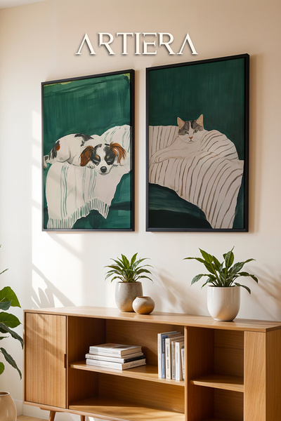 HİGUERA Ελαιογραφία με αίσθηση γάτας και σκύλου σε πράσινο φόντο Διπλό ξύλινο...