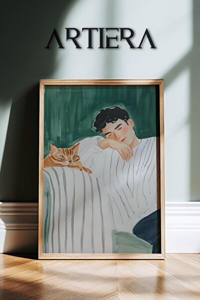 HİGUERA Πορτρέτο ανδρών και γάτας Ζωγραφική τοίχου με ξύλινο πλαίσιο