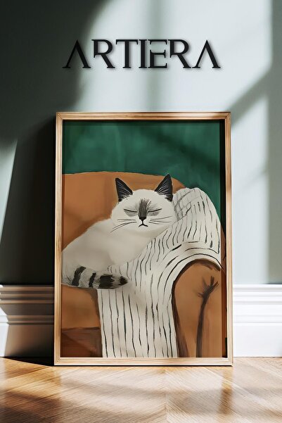 HİGUERA Αφηρημένη ζωγραφική τοίχου με ξύλινο πλαίσιο μαύρης λευκής γάτας που ...