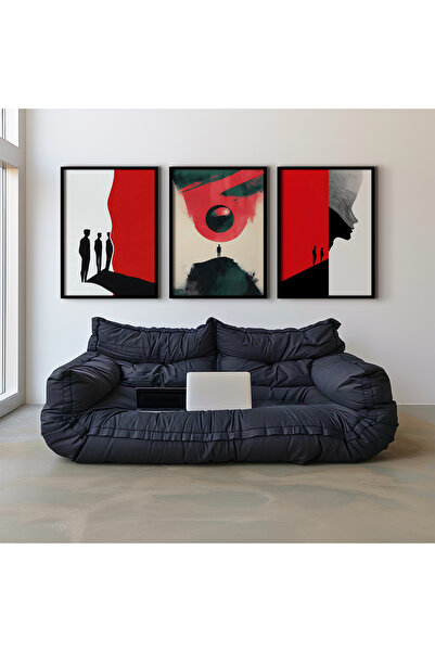 HİGUERA Αφηρημένο σχέδιο Κόκκινο αφηρημένο τριπλό φυσικό ξύλινο πλαίσιο ζωγρα...