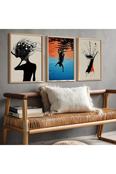 HİGUERA Αφηρημένο σχέδιο Κόκκινο αφηρημένο τριπλό φυσικό ξύλινο πλαίσιο ζωγρα...