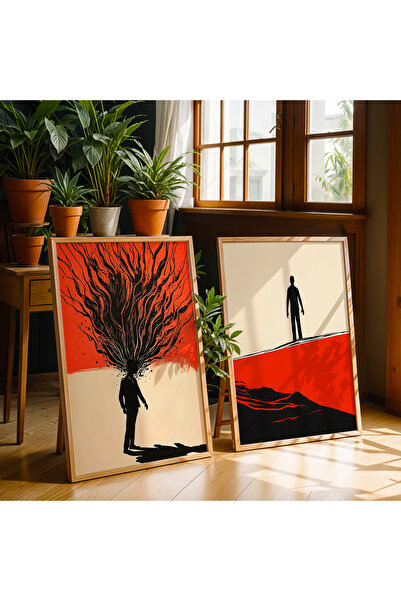 HİGUERA Αφηρημένο σχέδιο Κόκκινο αφηρημένο διπλό φυσικό ξύλινο πλαίσιο ζωγραφ...