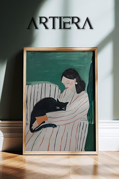 HİGUERA Αφηρημένο γυναικείο πορτρέτο που ξεκουράζεται με γάτα Μινιμαλιστικό ρ...