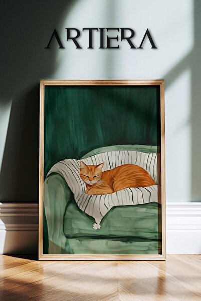 HİGUERA Πράσινο λευκό ριγέ Σαλόνι Αναψυχής Γάτα Αφηρημένο Ζωγραφική τοίχου με...