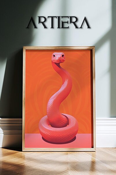 HİGUERA Ζωγραφική τοίχου με φυσικό ξύλινο πλαίσιο Japandi Art με ροζ φίδι πορ...