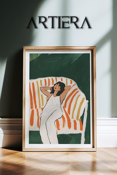 HİGUERA Πορτοκαλί μπεζ ριγέ αφηρημένο γυναικείο πορτρέτο σε ξύλινο πλαίσιο στ...