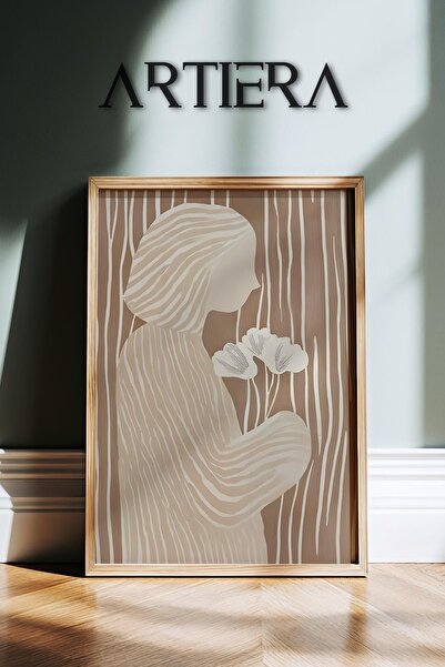 HİGUERA Αφηρημένη γυναίκα που κρατά λουλούδια σε μπεζ τόνους Σύγχρονη μινιμαλ...