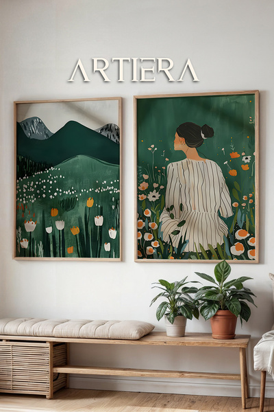 HİGUERA Επιτοίχια ελαιογραφία με θέμα τη φύση και τη γυναίκα με διπλό ξύλινο ...