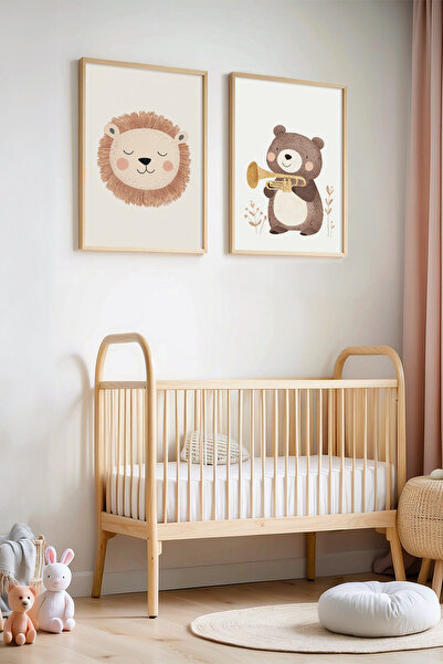 HİGUERA Χαριτωμένο αρκουδάκι και λιοντάρι που παίζουν τρομπέτα Πίνακας παιδικ...