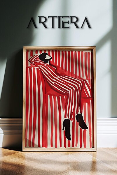 HİGUERA Κόκκινο ριγέ αφηρημένο γυναικείο πορτρέτο Σύγχρονο μινιμαλιστικό γυνα...