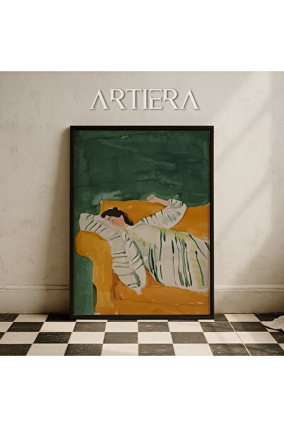 HİGUERA Αφηρημένο γυναικείο πορτρέτο που αναπαυόμαστε σε πορτοκαλί καναπέ στο...