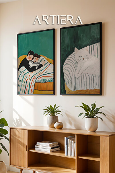 HİGUERA Ζευγάρι που κοιμάται με γάτα στο κρεβάτι και φιγούρα γάτας Ελαιογραφί...