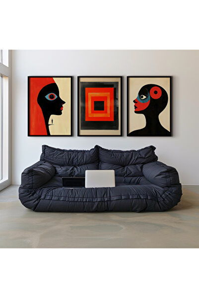 HİGUERA Γεωμετρικό Κόκκινο Αφηρημένο Τριπλό Φυσικό Ξύλινο Πλαίσιο Τοίχου