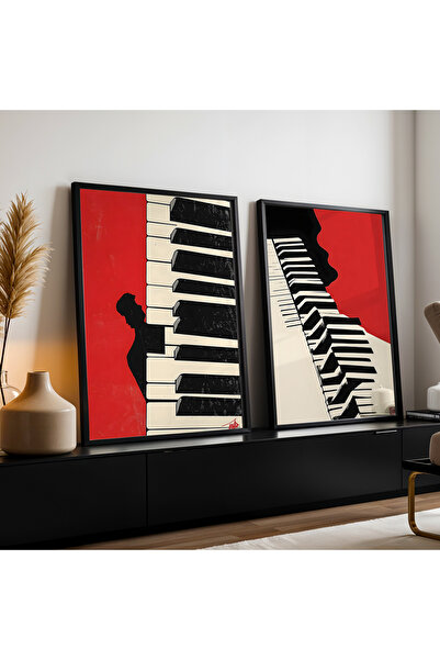 HİGUERA Abstract Sanatı Piyano Çizimi İkili Doğal Ahşap Çerçeveli Duvar Tablo...