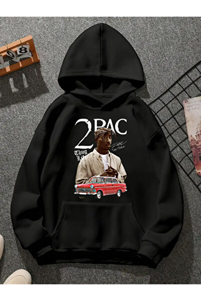 COMVİCHO tupac v12 Baskılı Kapşonlu Siyah Sweatshirt