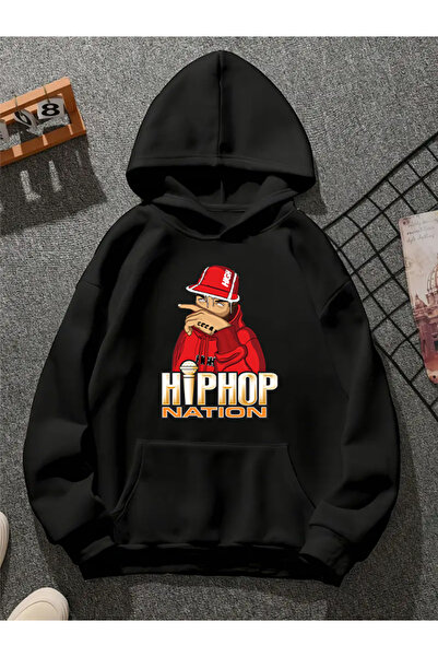 COMVİCHO Hip Hop Nation Printed Hooded Black Sweatshirt