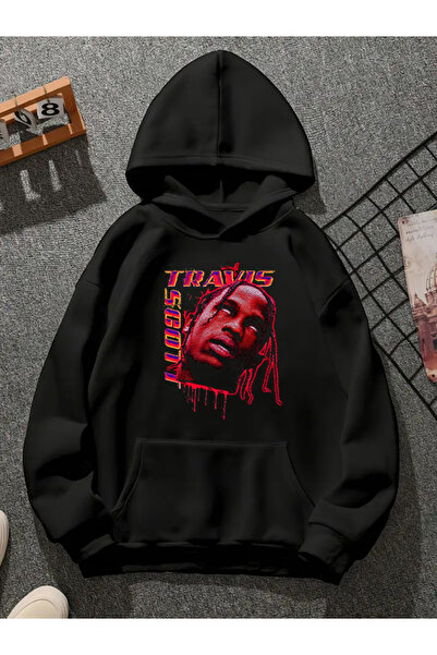 COMVİCHO سويت شيرت أسود بقلنسوة مطبوعة من ترافيس سكوت v15