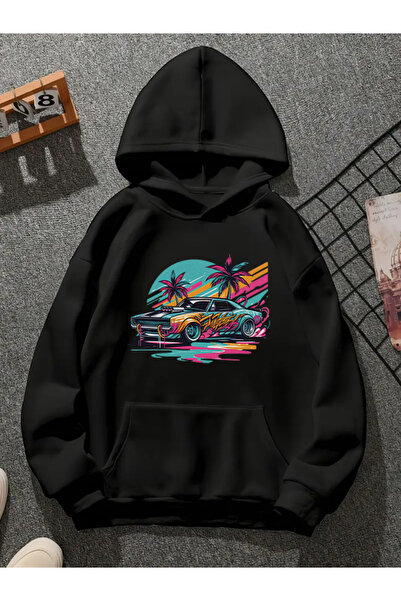 COMVİCHO Car028 Printed Hooded Black Sweatshirt