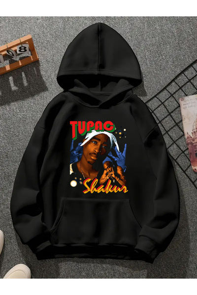 COMVİCHO Tupac V10 Printed Hooded Black Sweatshirt