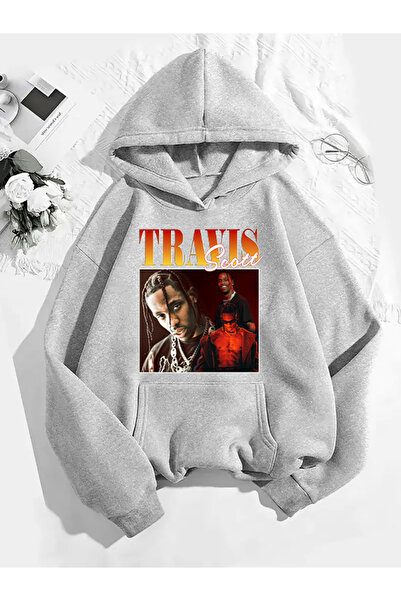 COMVİCHO سويت شيرت رمادي بقلنسوة مطبوعة من ترافيس سكوت v25