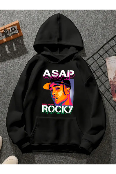 COMVİCHO Asap Rocky V3 Printed Hooded Black Sweatshirt