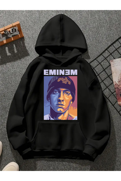 COMVİCHO سويت شيرت أسود بقلنسوة مطبوعة من eminem v1