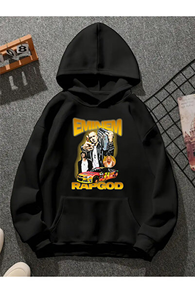 COMVİCHO سويت شيرت أسود بقلنسوة مطبوعة من eminem v14
