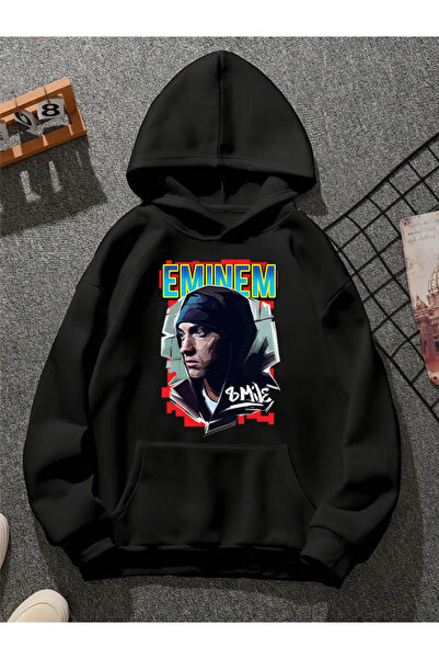 COMVİCHO سويت شيرت أسود بقلنسوة مطبوعة من eminem v6