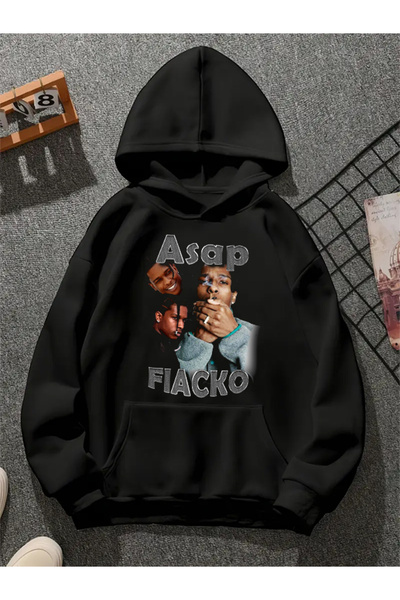 COMVİCHO Asap Rocky V8 Printed Hooded Black Sweatshirt