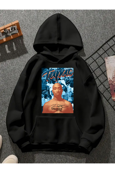 COMVİCHO Tupac V40 Printed Hooded Black Sweatshirt