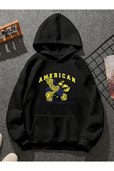 COMVİCHO American9 Printed Hooded Black Sweatshirt