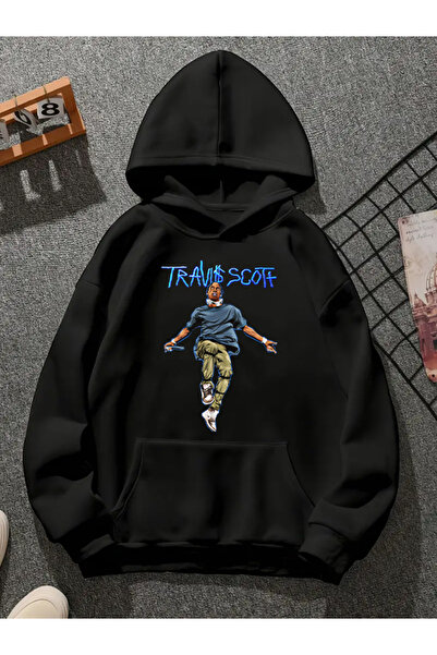 COMVİCHO سويت شيرت أسود بقلنسوة مطبوعة من ترافيس سكوت v18