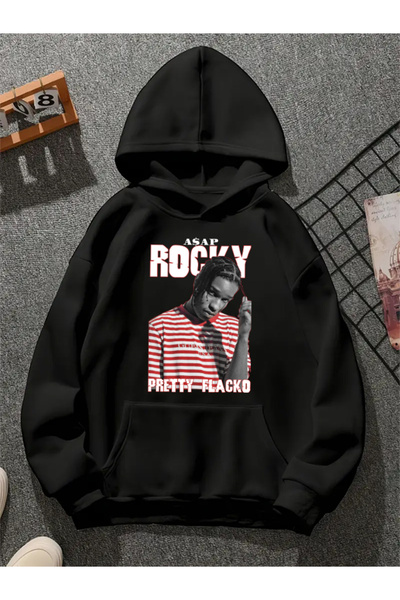 COMVİCHO Asap Rocky V5 Printed Hooded Black Sweatshirt