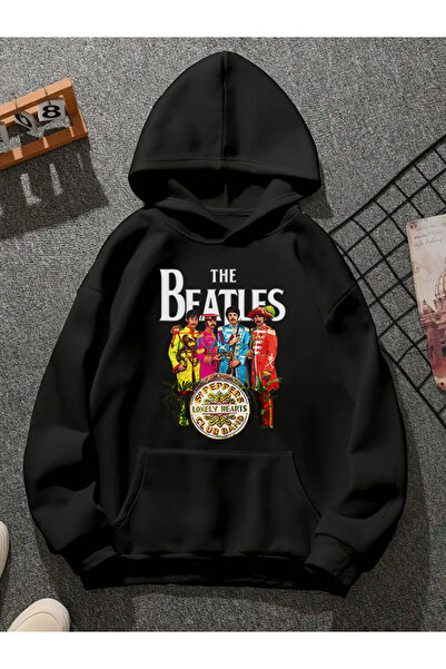 COMVİCHO سويت شيرت أسود بقلنسوة مطبوع عليه the beatles v3