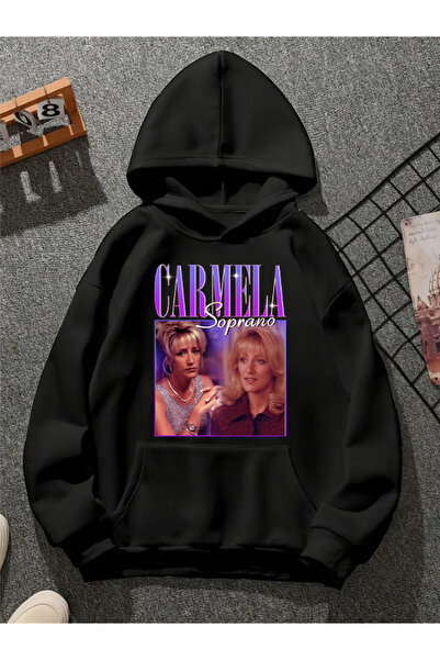 COMVİCHO سويت شيرت أسود بقلنسوة مطبوعة من كارميلا v1