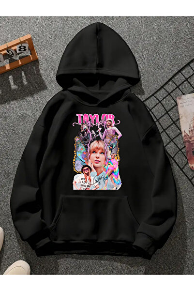 COMVİCHO سويت شيرت أسود بقلنسوة مطبوعة من تايلور سويفت v2