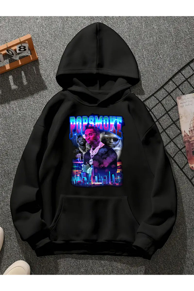 COMVİCHO Pop Smoke V5 Printed Hooded Black Sweatshirt