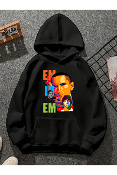 COMVİCHO سويت شيرت أسود بقلنسوة مطبوعة من eminem v4