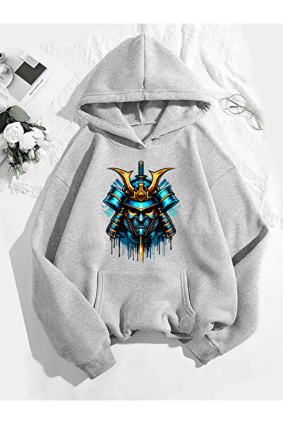 COMVİCHO سويت شيرت رمادي بقلنسوة مطبوع عليه الساموراي