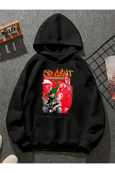 COMVİCHO سويت شيرت أسود بقلنسوة مطبوع عليه 50 سنت v6